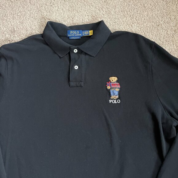 Polo Ralph Lauren Shirt Mens XL Black Embroidered Holiday Bear Polo Long Sleeve - Picture 2 of 5